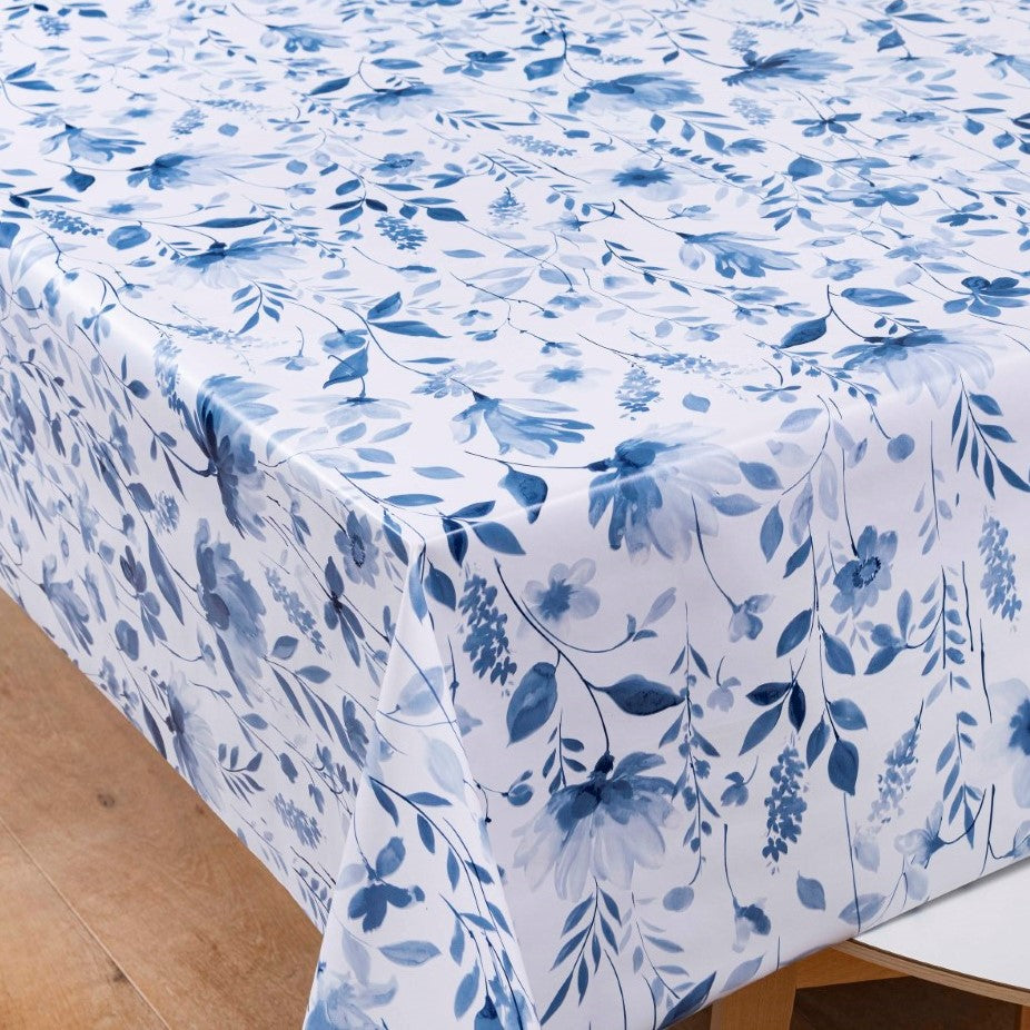 Grace Flowers Blue Vinyl Oilcloth Tablecloth - Wipe Clean Tablecloths ...