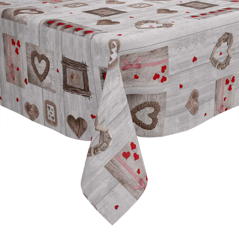 Red Hearts on Grey Wood Vinyl Oilcloth Tablecloth  100cm x 140cm - Warehouse Clearance