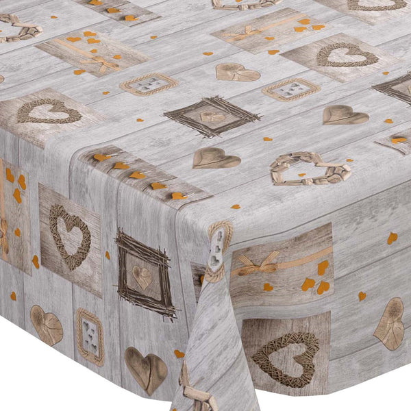 Orange Hearts on Grey Wood vinyl tablecloth 150cm x 140cm-Creased-Warehouse Clearance