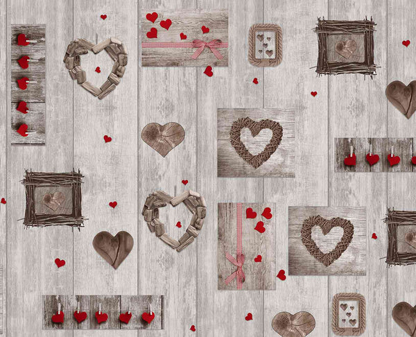 Red Hearts on Grey Wood Effect PVC Vinyl Wipe Clean Tablecloth 200cm x 140cm Warehouse Clearance