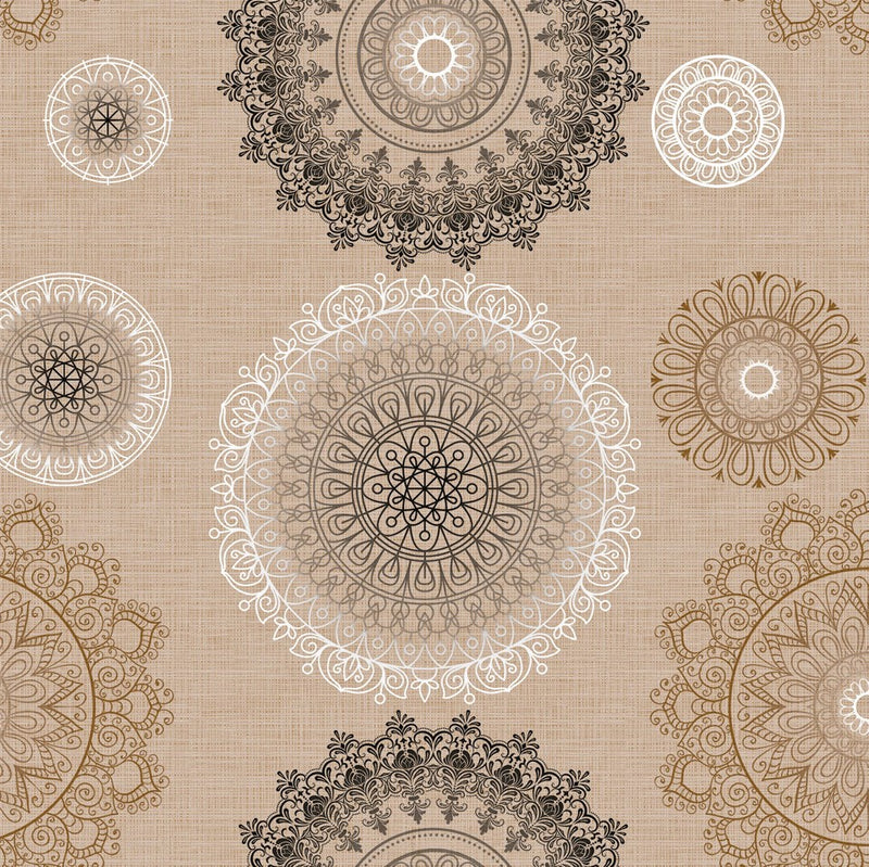 Mandala Beige  Black and Gold  PVC Vinyl Tablecloth 20 Metres