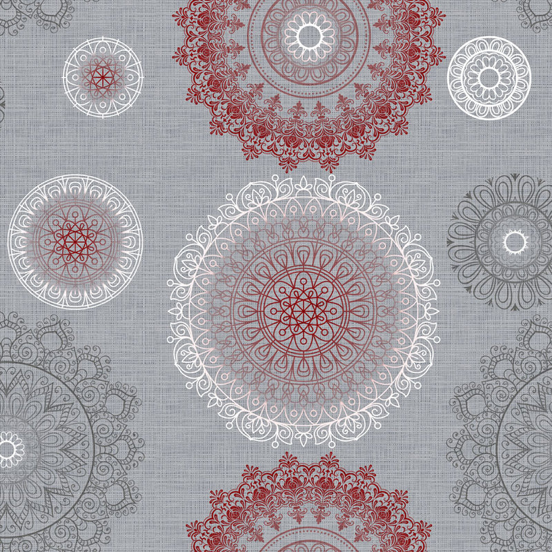 Mandala Grey and Red Vinyl Oilcloth Tablecloth