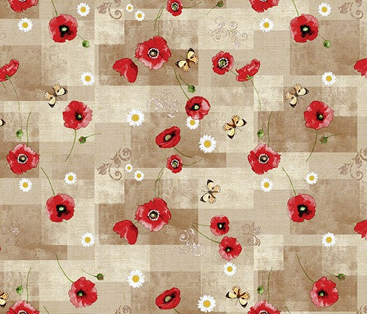 Poppies Butterflies Flowers Beige  PVC Vinyl Tablecloth 20 Metres Roll x 140cm