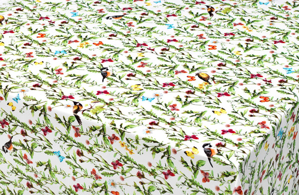 Birds and Butterfly PVC Vinyl Wipe Clean Tablecloth ROUND 138cm with PARASOL hole Warehouse Clearance