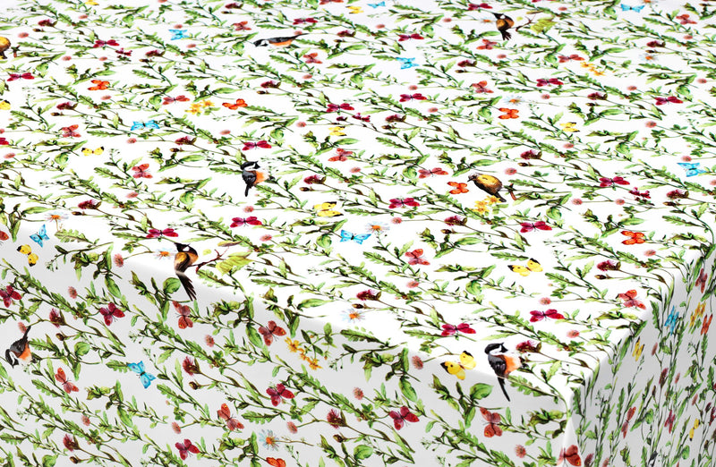 Birds and Butterfly PVC Vinyl Wipe Clean Tablecloth ROUND 138cm with PARASOL hole Warehouse Clearance