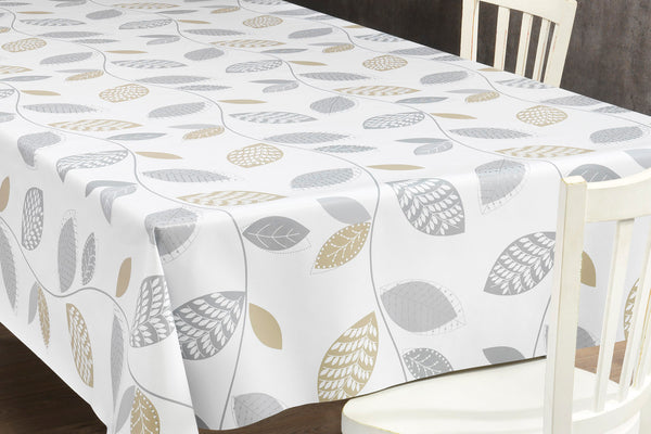 Silver Grey and Beige Leaves vinyl tablecloth 150cm x 140cm -Warehouse Clearance