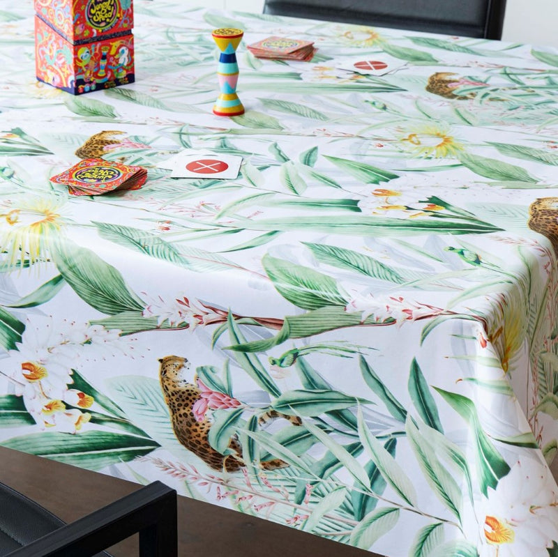 Leopard Jungle Flowers vinyl tablecloth ROUND 138cm -Warehouse Clearance