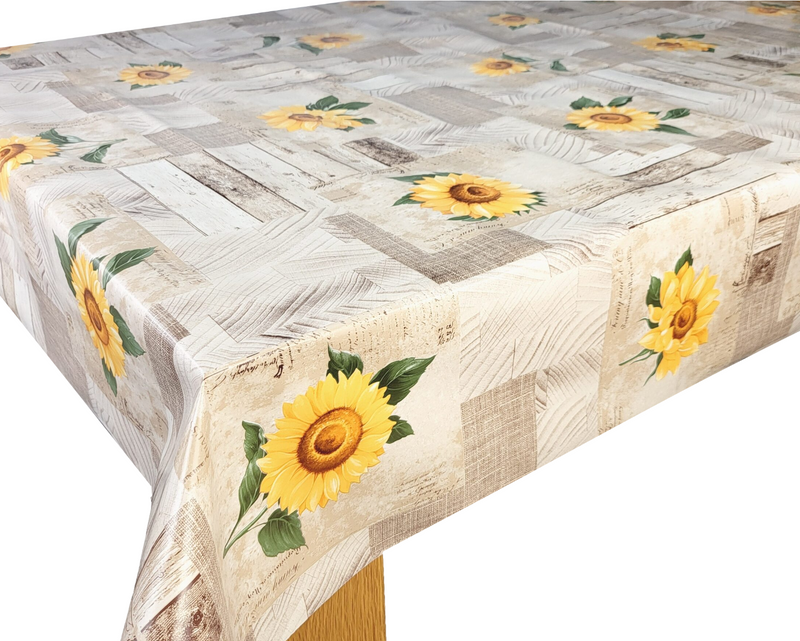 Natural and Yellow Sunflower Patchwork Vinyl Oilcloth Tablecloth