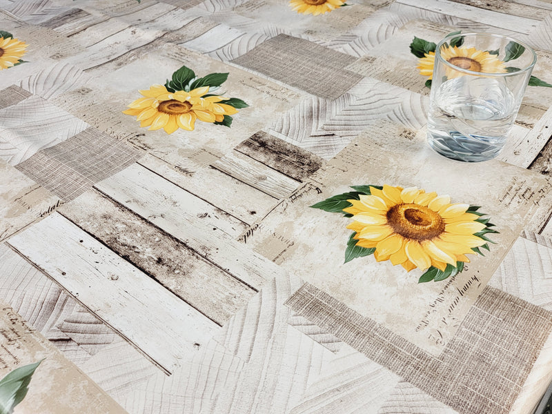 Natural and Yellow Sunflower Patchwork Vinyl Oilcloth Tablecloth