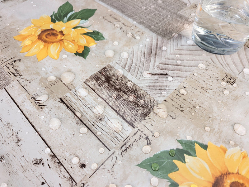 Natural and Yellow Sunflower Patchwork Vinyl Oilcloth Tablecloth