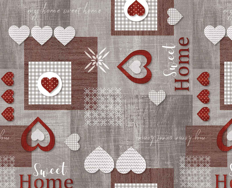 Hearts at Home Red and Grey OVAL  PVC Vinyl Wipe Clean Tablecloth 250cm x 140cm Warehouse Clearance