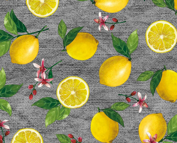 Lemons and Blossom on Hessian PVC Vinyl Wipe Clean Tablecloth ROUND 138cm Warehouse Clearance