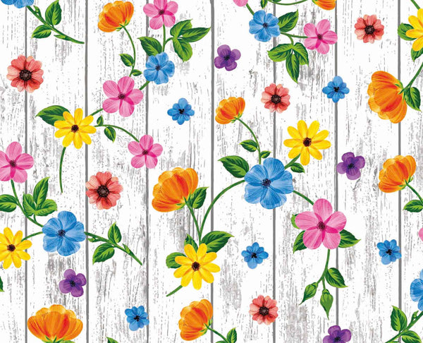 Bright flowers on White Wood  PVC Vinyl Wipe Clean Tablecloth with PARASOL Hole 140cm x 140cm Warehouse Clearance