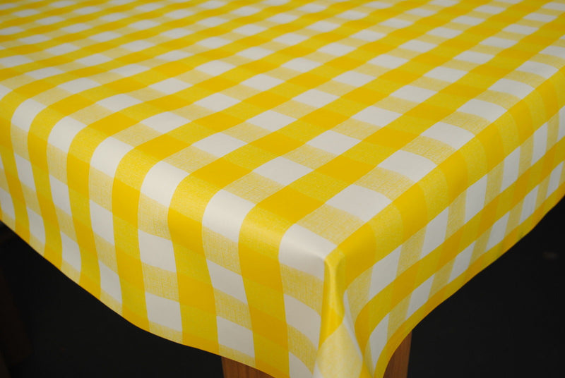 Yellow 25mm Gingham Check  PVC Vinyl Tablecloth Roll 20 Metres x 140cm