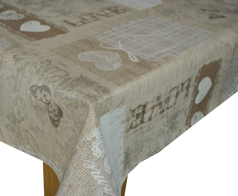 Home Sweet Home Taupe vinyl tablecloth 120cm x 140cm -Warehouse Clearance