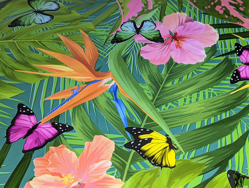 Tropical Rainforest Butterflies Teal vinyl tablecloth ROUND 138cm -Warehouse Clearance