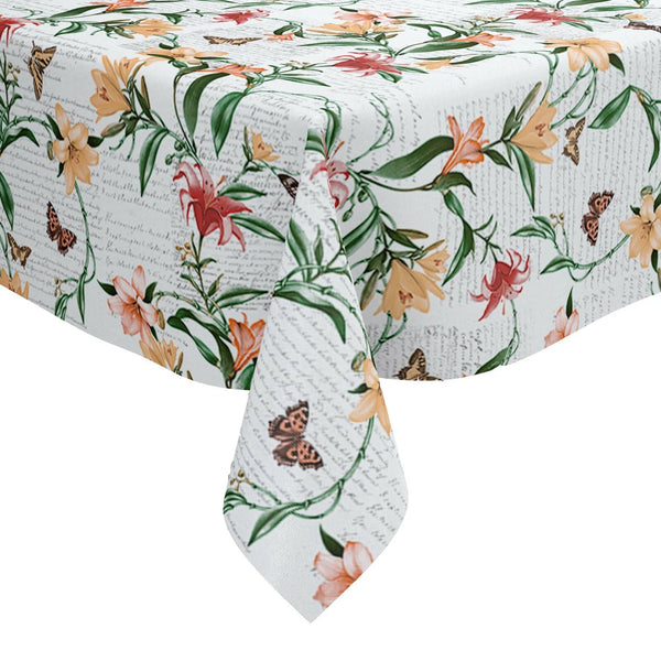 Floral Lily Butterfly Script Grey  PVC Vinyl Tablecloth 20 Metres Roll x 140cm