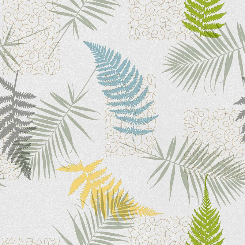 Fern Leaves Grey and Duckegg  Vinyl Oilcloth Tablecloth ROUND 110cm  - Warehouse Clearance