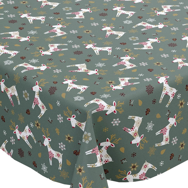 Scandi Reindeer Green vinyl tablecloth OVAL 200cm x 140cm-Warehouse Clearance