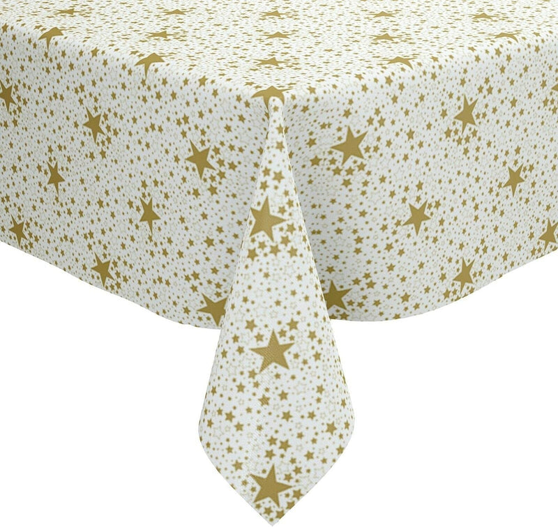 Christmas Super Stars Gold vinyl tablecloth ROUND 138cm -Warehouse Clearance