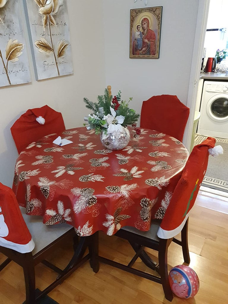 Christmas Pine Cones Red Vinyl Oilcloth Tablecloth