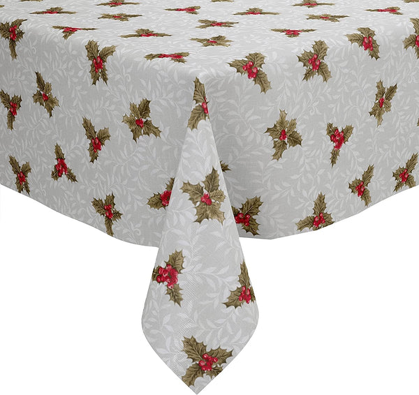 Christmas Holly Grey vinyl tablecloth OVAL 220cm x 140cm-Warehouse Clearance