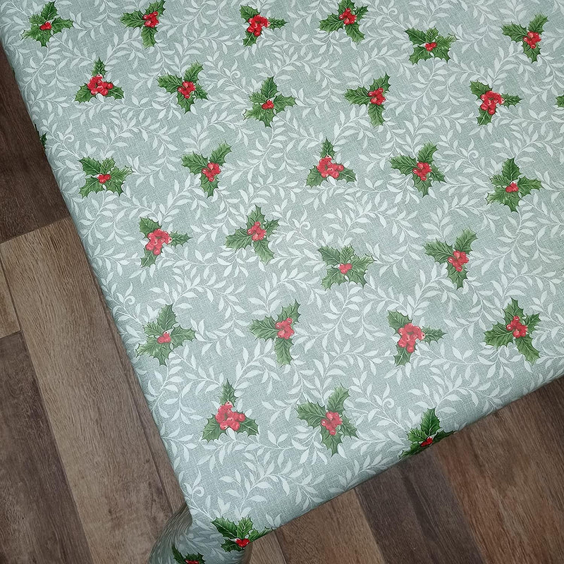 Christmas Holly Duck Egg Green vinyl tablecloth ROUND 138cm -Warehouse Clearance