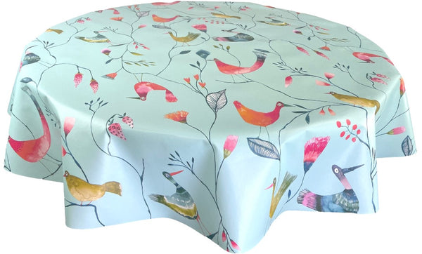 Barmy Birds Duck Egg vinyl tablecloth ROUND 138cm -Warehouse Clearance