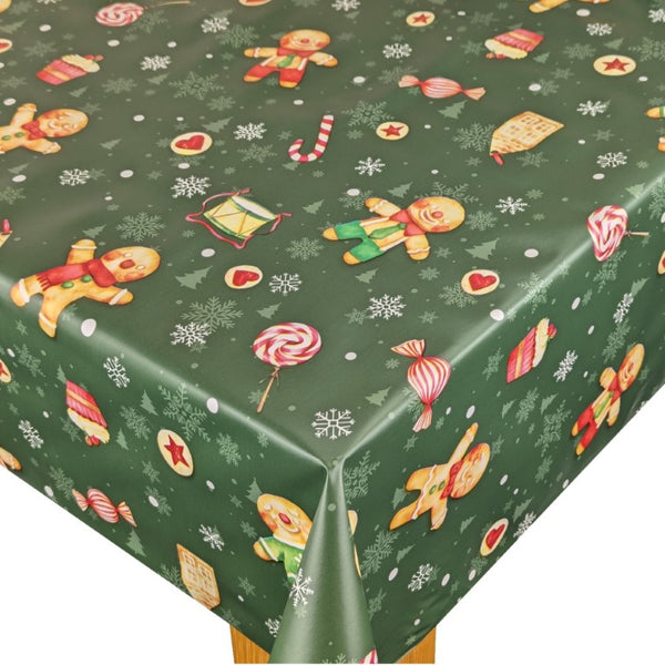 Christmas Gingerbread Man Green Vinyl Oilcloth Tablecloth