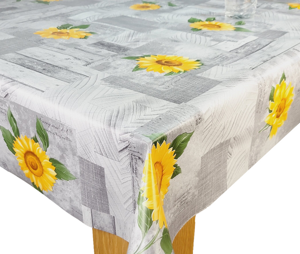 Grey and Yellow Patchwork Sunflower vinyl tablecloth ROUND 138cm -Warehouse Clearance