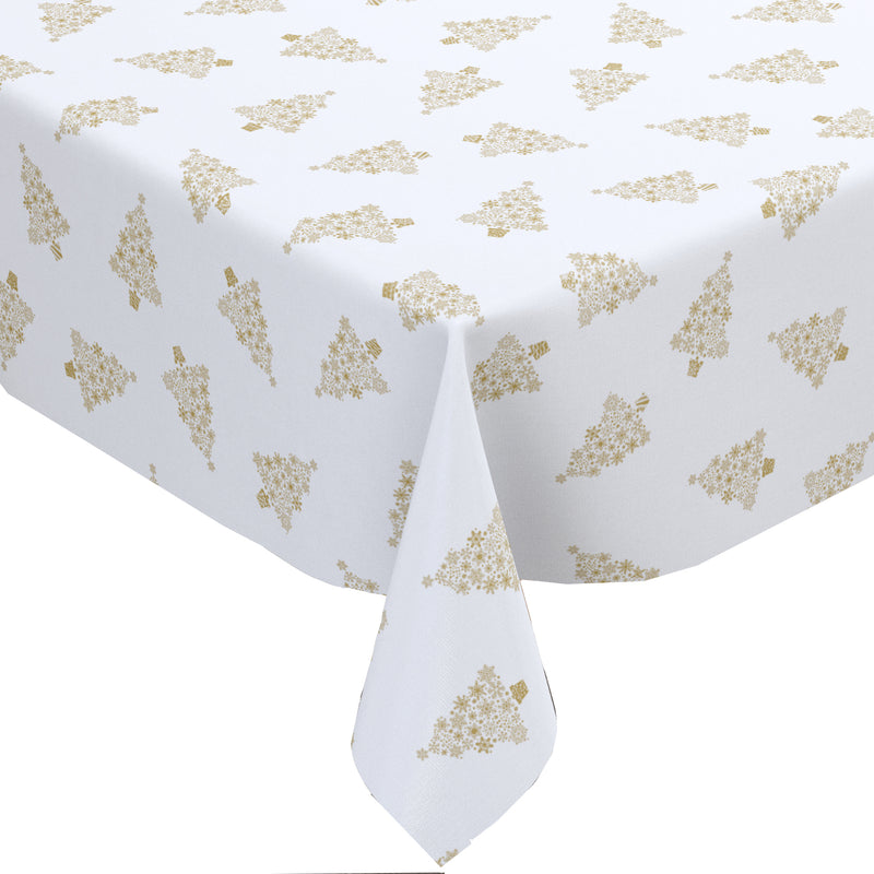 Gold Snowflake Christmas Trees on White Vinyl Tablecloth Roll 20 Metres x 140cm