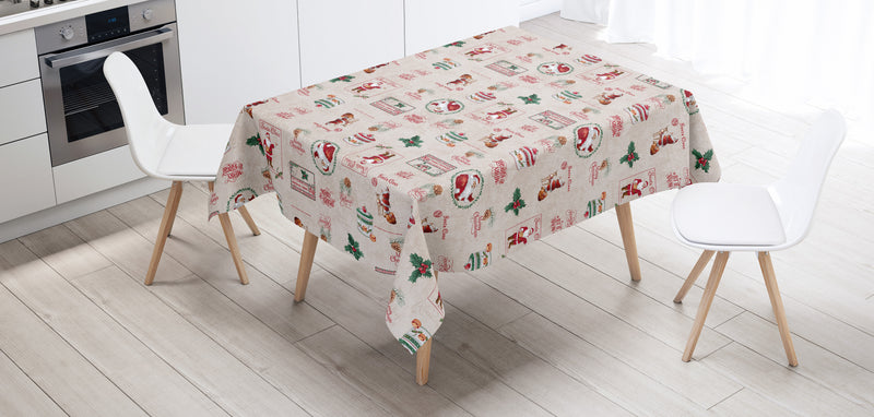 Merry Christmas Santa Claus Cream Vinyl Tablecloth Roll 20 Metres x 140cm