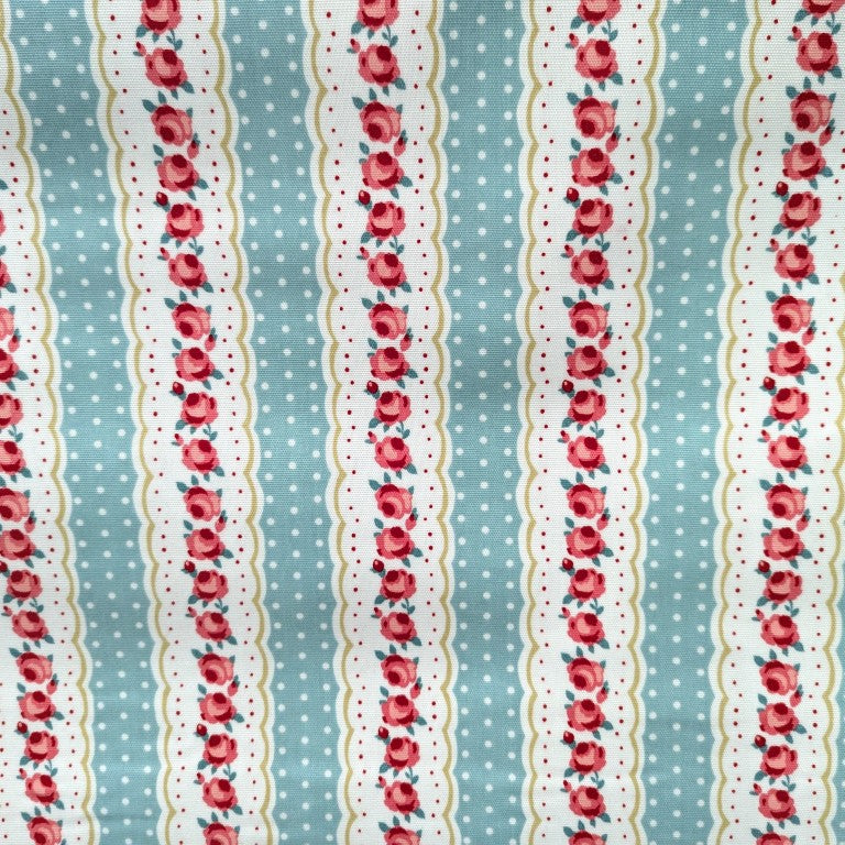 Vintage Floral Stripes with Polka Dot on Turquoise Oilcloth Tablecloth