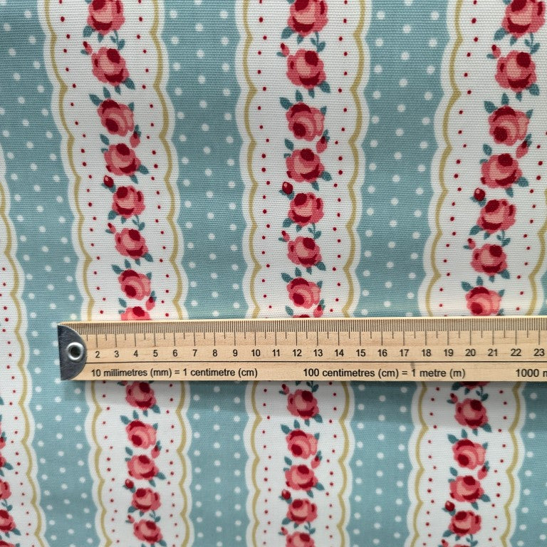 Vintage Floral Stripes with Polka Dot on Turquoise Oilcloth Tablecloth