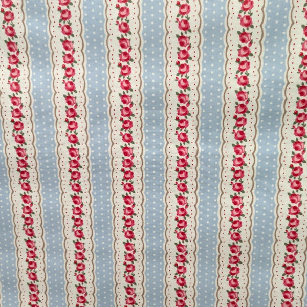 Vintage Floral Stripes with Polka Dot on Powder Blue Matt Oilcloth Tablecloth