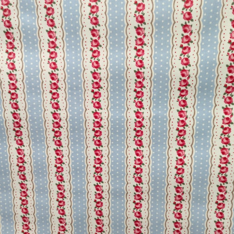 Vintage Floral Stripes with Polka Dot on Powder Blue Matt Oilcloth Tablecloth