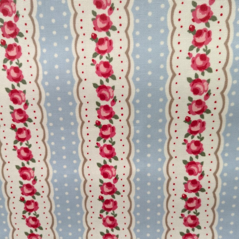 Vintage Floral Stripes with Polka Dot on Powder Blue Matt Oilcloth Tablecloth