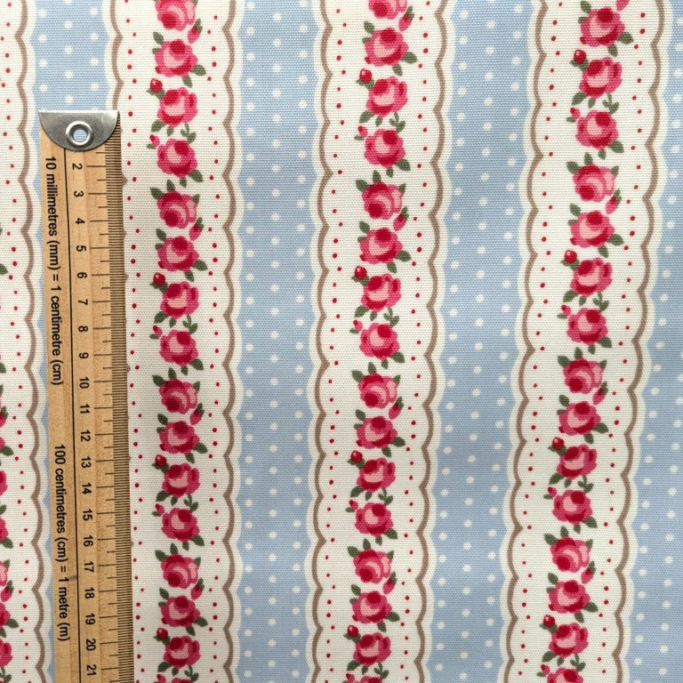 Vintage Floral Stripes with Polka Dot on Powder Blue Matt Oilcloth Tablecloth