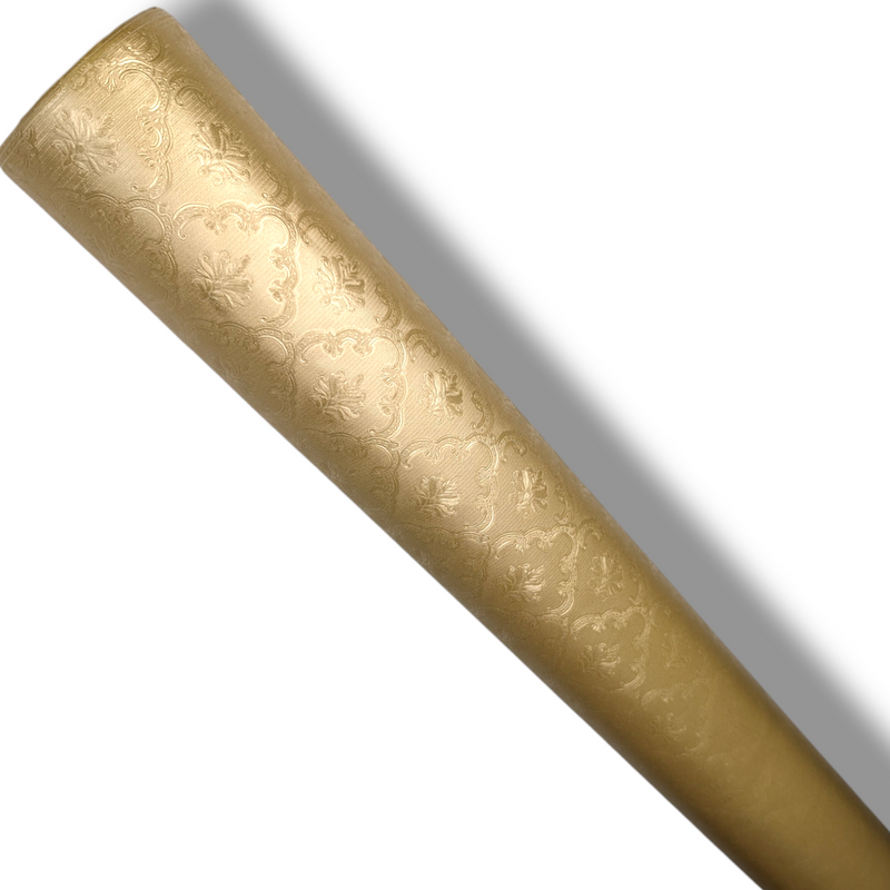 Fleur Old Gold Metallic Damask PVC Vinyl Tablecloth 140cm x 20 Metres Roll