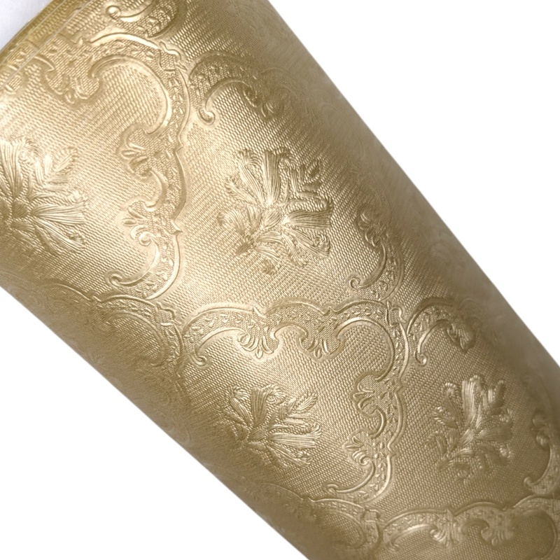 Fleur Old Gold Metallic Damask PVC Vinyl Tablecloth 140cm x 20 Metres Roll