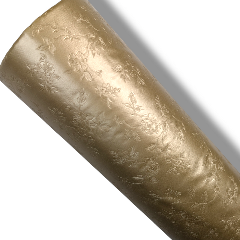 Intricate Gold Flowers on Gold PVC Vinyl Tablecloth 140cm x 20 Metres Roll