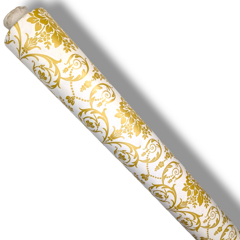 Bright Gold Damask on White PVC Vinyl Tablecloth 140cm x 20 Metres Roll