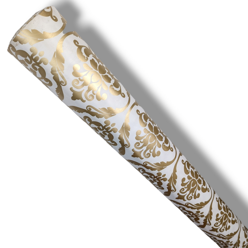 Gold Damask on White PVC Vinyl Tablecloth 140cm x 20 Metres Roll