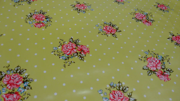 Pink Roses on Green Polka Dot vinyl tablecloth 110cm x 140cm-Warehouse Clearance