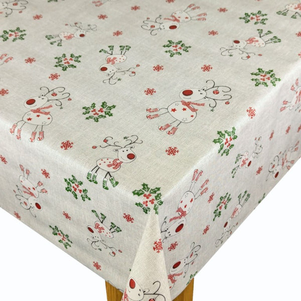 Christmas Rudolph Reindeer Grey Vinyl Oilcloth Tablecloth