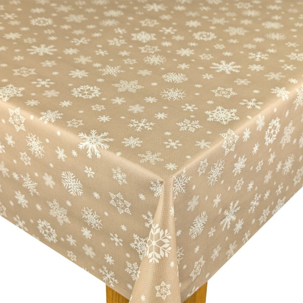 Christmas Snowflakes Taupe Tex Vinyl Oilcloth Tablecloth