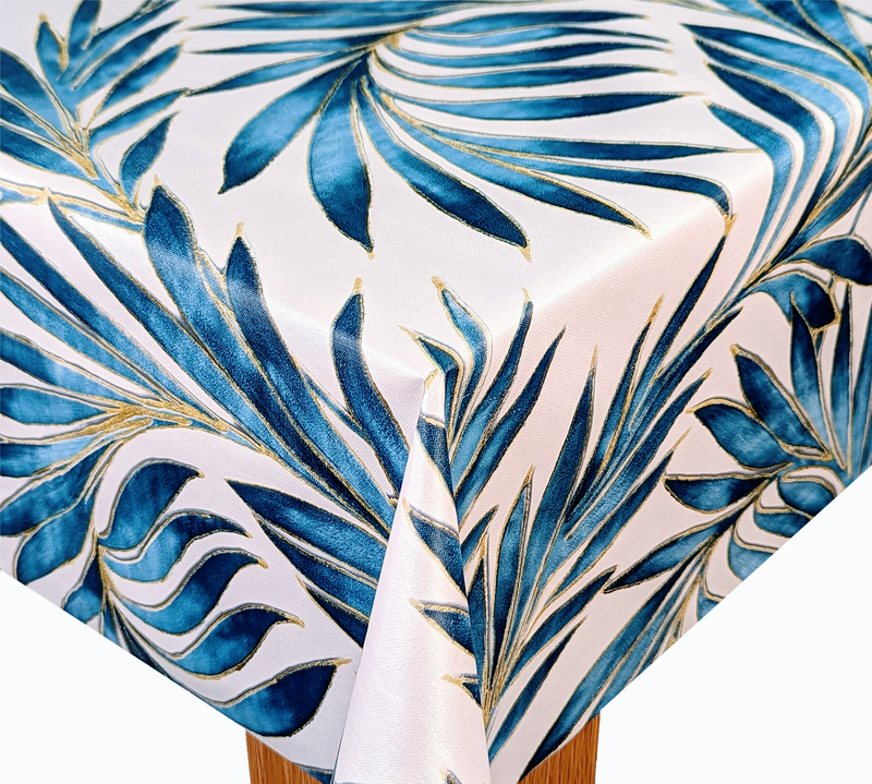 Tropical Beach Palm Leaves Blue Tex Vinyl Oilcloth Tablecloth