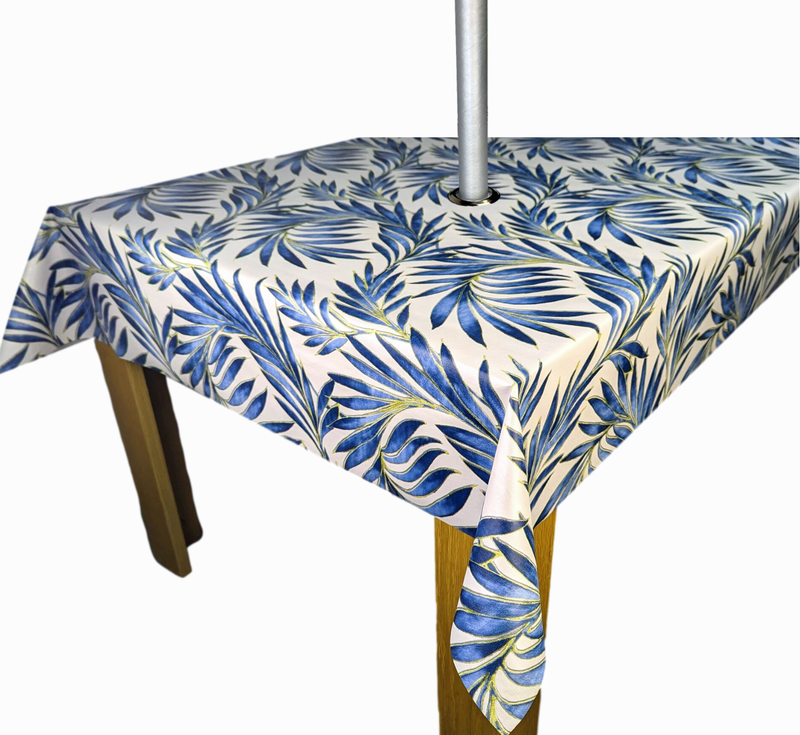 Tropical Beach Palm Leaves Blue Tex Tablecloth with Parasol Hole Wipe Clean Tablecloth Vinyl PVC 200cm x 140cm