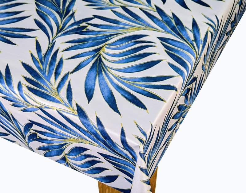 Tropical Beach Palm Leaves Blue Tex Vinyl Oilcloth Tablecloth