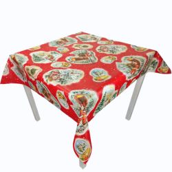 Christmas Santas Knocking RED Vinyl Oilcloth Tablecloth